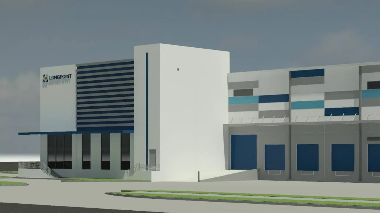 A rendering of the exterior of an industrial building.